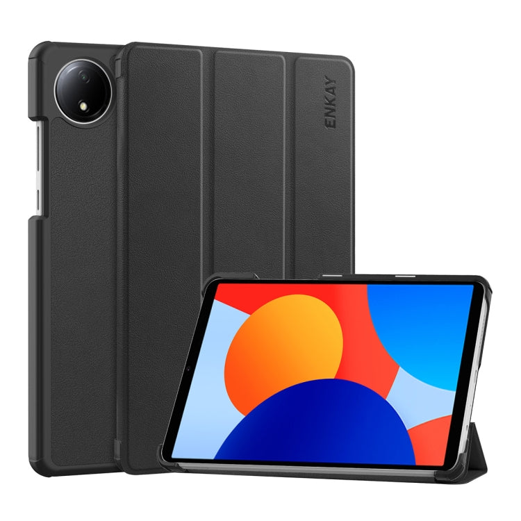 For Redmi Pad SE 4G 8.7 ENKAY Tri-fold Custer Texture Leather Smart Tablet Case(Black) by ENKAY