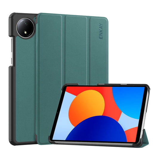 For Redmi Pad SE 4G 8.7 ENKAY Tri-fold Custer Texture Leather Smart Tablet Case(Dark Green) by ENKAY