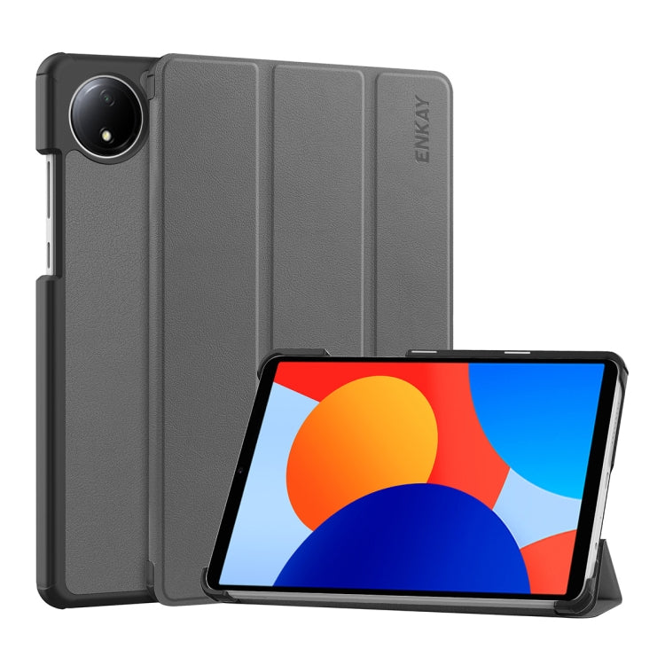 For Redmi Pad SE 4G 8.7 ENKAY Tri-fold Custer Texture Leather Smart Tablet Case(Grey) by ENKAY