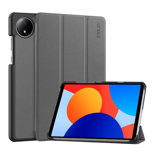 For Redmi Pad SE 4G 8.7 ENKAY Tri-fold Custer Texture Leather Smart Tablet Case(Grey) by ENKAY