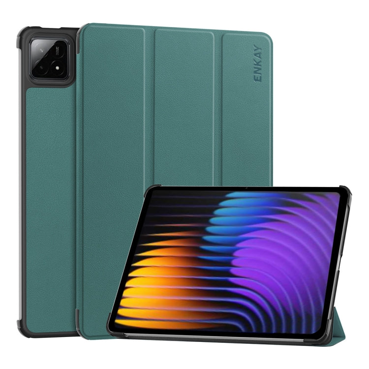 For Xiaomi Pad 7 / 7 Pro 11.2 ENKAY Tri-fold Custer Texture Leather Smart Tablet Case(Dark Green) by ENKAY