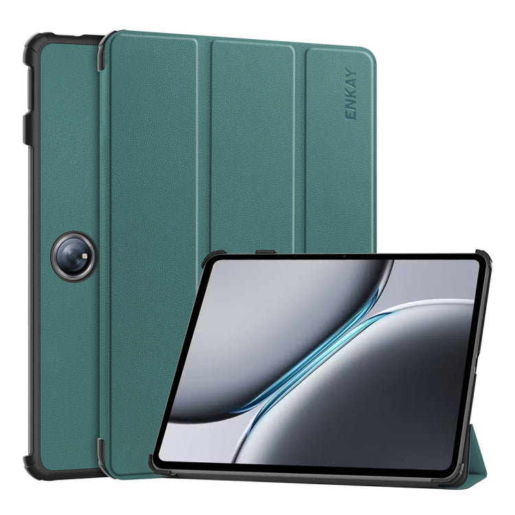 For OnePlus Pad 2 / Pad Pro 12.1 ENKAY Tri-fold Custer Texture Platic Leather Smart Tablet Case(Dark Green) by ENKAY