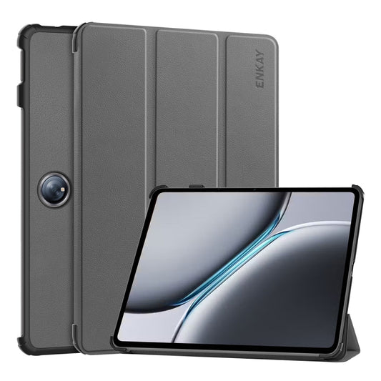 For OnePlus Pad 2 / Pad Pro 12.1 ENKAY Tri-fold Custer Texture Platic Leather Smart Tablet Case(Grey) by ENKAY