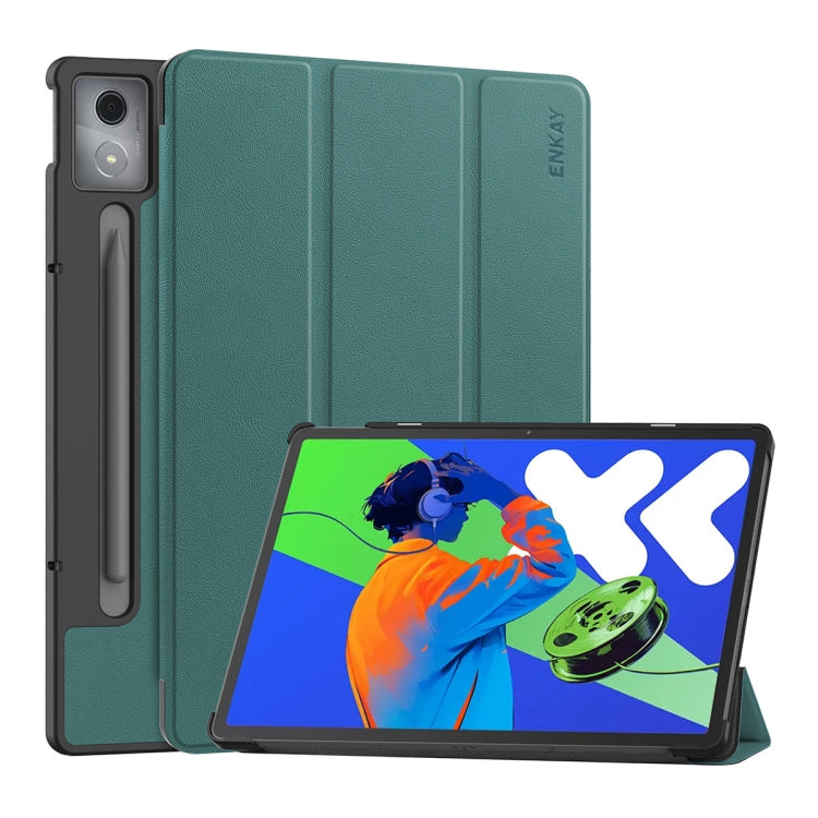 For Lenovo Xiaoxin Pad Pro 12.7 2025 ENKAY Tri-fold Custer Texture Platic Leather Smart Tablet Case(Dark Green) by ENKAY