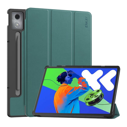 For Lenovo Xiaoxin Pad Pro 12.7 2025 ENKAY Tri-fold Custer Texture Platic Leather Smart Tablet Case(Dark Green) by ENKAY