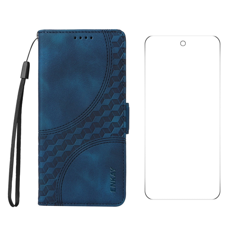 For Google Pixel 9 Pro ENKAY Embossed Rhombus Starry Leather Phone Case with Screen Film(Blue) by ENKAY