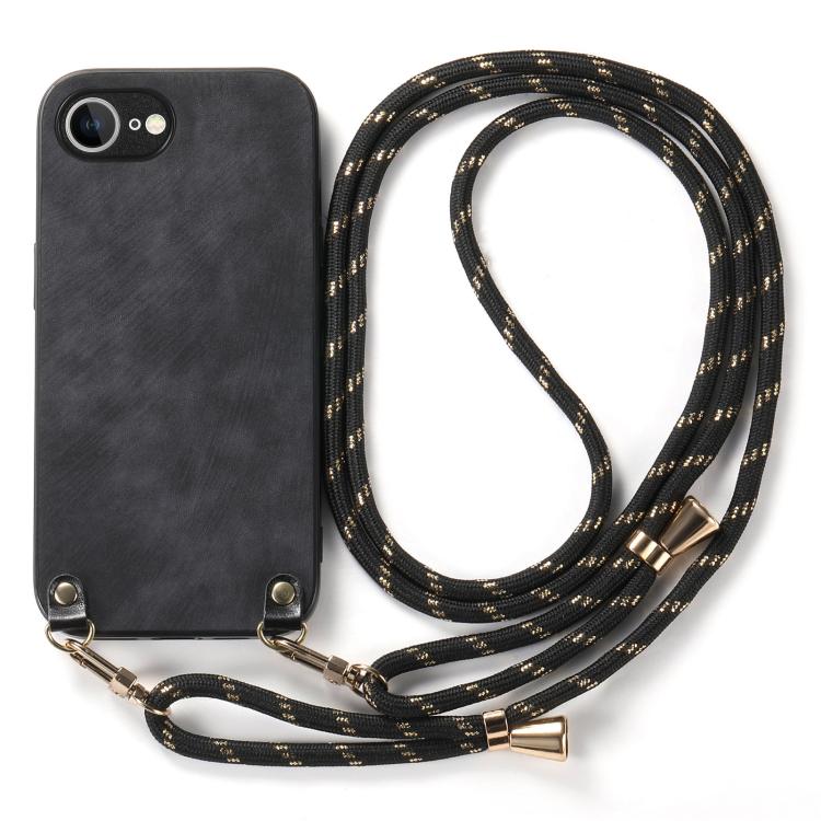 For iPhone 16e Vintage Leather PC Back Cover Phone Case with Crossbody Strap(Black) by bashfashion