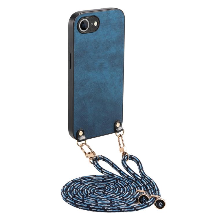 For iPhone 16e Vintage Leather PC Back Cover Phone Case with Crossbody Strap(Blue) by bashfashion