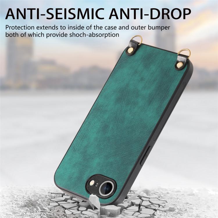 For iPhone 16e Vintage Leather PC Back Cover Phone Case with Crossbody Strap(Green) by bashfashion