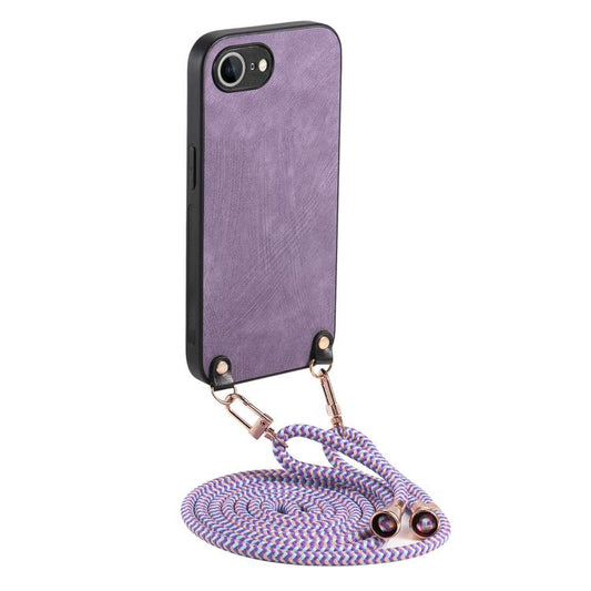 For iPhone 16e Vintage Leather PC Back Cover Phone Case with Crossbody Strap(Purple)