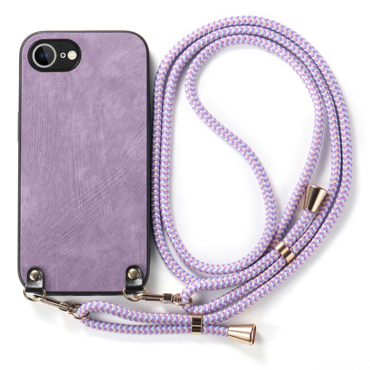 For iPhone 16e Vintage Leather PC Back Cover Phone Case with Crossbody Strap(Purple) by bashfashion