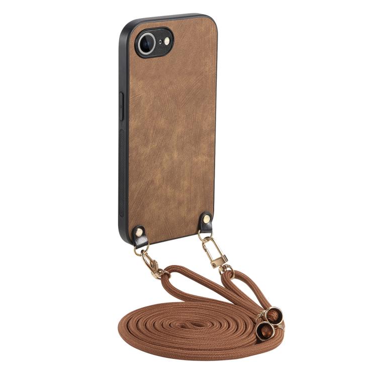 For iPhone 16e Vintage Leather PC Back Cover Phone Case with Crossbody Strap(Brown) by bashfashion