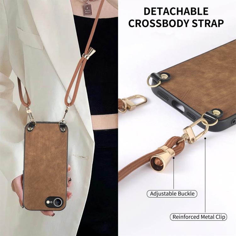 For iPhone 16e Vintage Leather PC Back Cover Phone Case with Crossbody Strap(Brown) by bashfashion