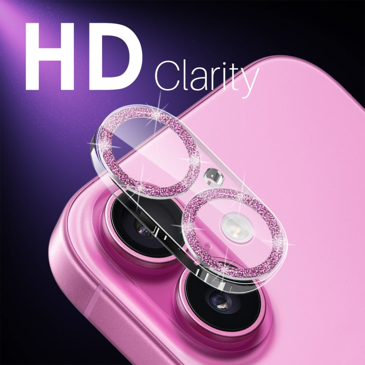 For iPhone 16 / 16 Plus NORTHJO Camera Lens Protector Glitter Ring 3D Tempered Glass Film(Pink) by NORTHJO