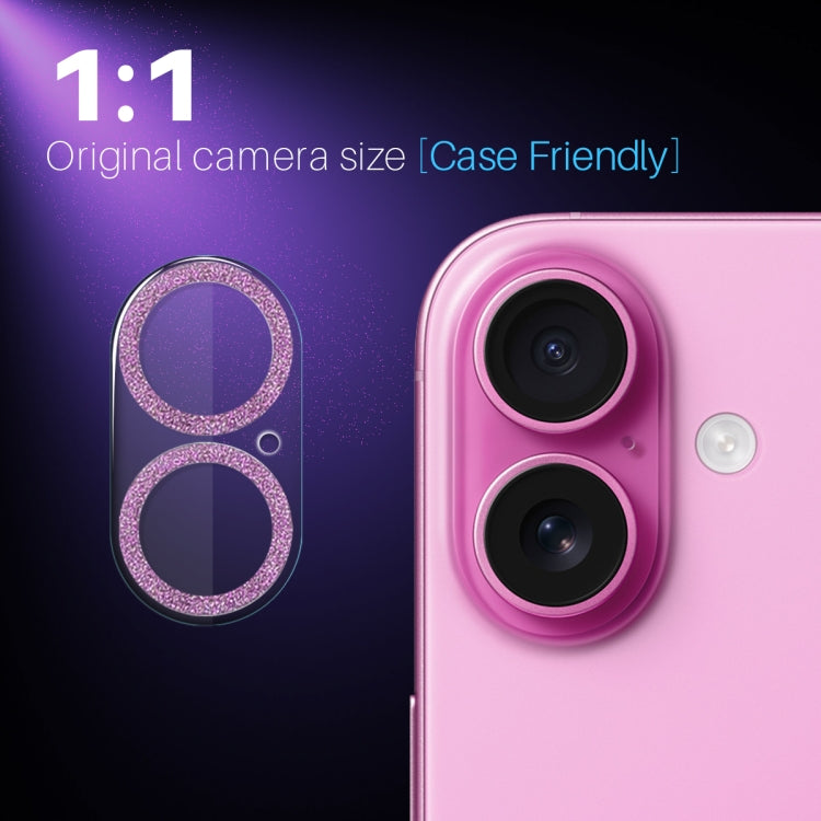 For iPhone 16 / 16 Plus NORTHJO Camera Lens Protector Glitter Ring 3D Tempered Glass Film(Pink) by NORTHJO