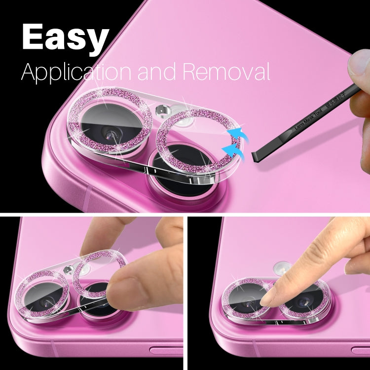 For iPhone 16 / 16 Plus NORTHJO Camera Lens Protector Glitter Ring 3D Tempered Glass Film(Pink) by NORTHJO