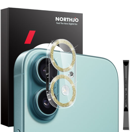 For iPhone 16 / 16 Plus NORTHJO Camera Lens Protector Glitter Ring 3D Tempered Glass Film(Gold) by NORTHJO