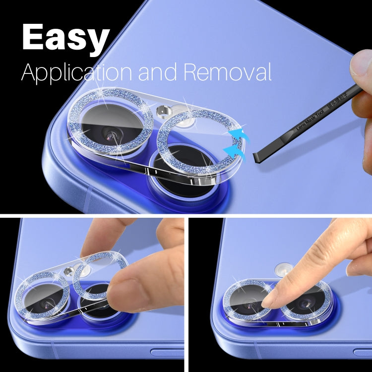 For iPhone 16 / 16 Plus NORTHJO Camera Lens Protector Glitter Ring 3D Tempered Glass Film(Blue) by NORTHJO