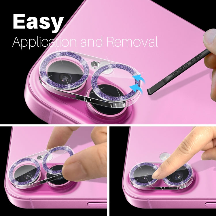 For iPhone 16 / 16 Plus NORTHJO Camera Lens Protector Glitter Ring 3D Tempered Glass Film(Purple) by NORTHJO