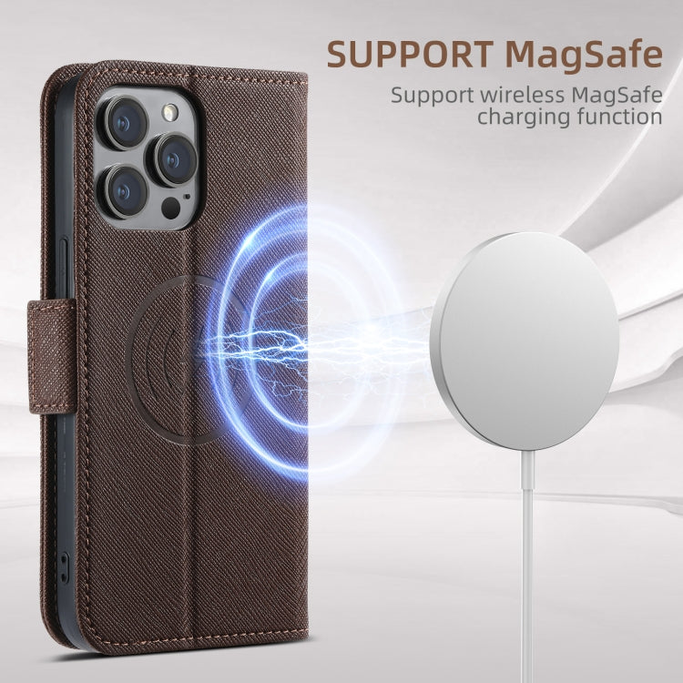 For iPhone 15 Plus Suteni J08 Multifunctional Cross Texture MagSafe Leather Phone Case(Brown) by Suteni