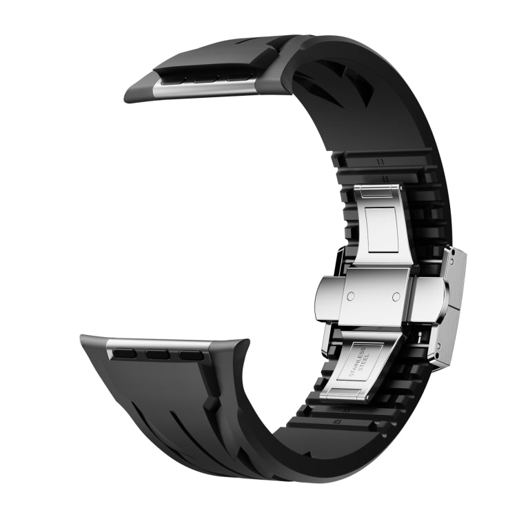 For Apple Watch 44mm / 45mm / 46mm / 49mm Tailor Stainless Steel Silver Butterfly Buckle Silicone Watch Band(Black) by bashfashion