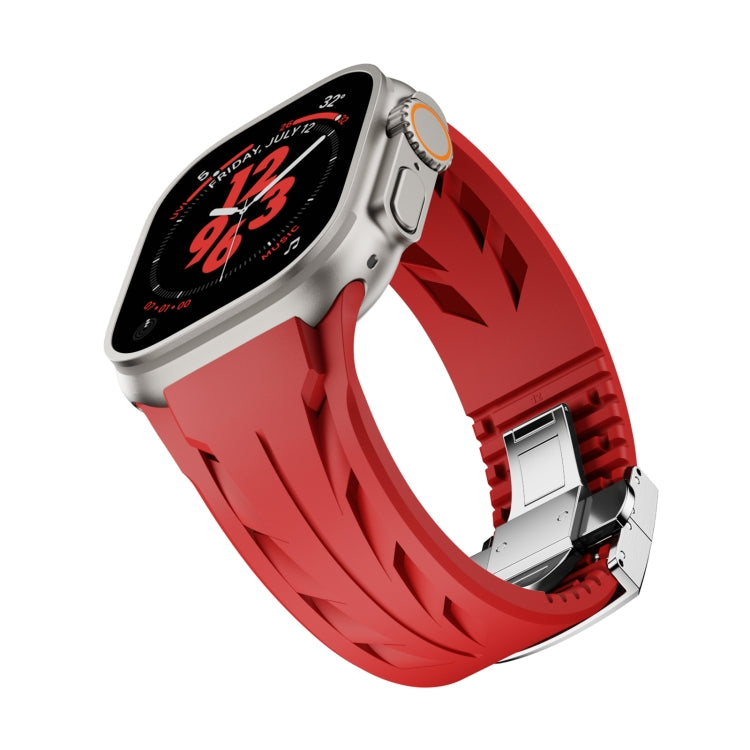 For Apple Watch 44mm / 45mm / 46mm / 49mm Tailor Stainless Steel Silver Butterfly Buckle Silicone Watch Band(Red) by bashfashion
