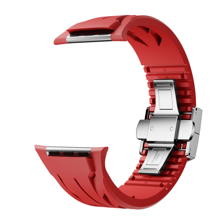 For Apple Watch 44mm / 45mm / 46mm / 49mm Tailor Stainless Steel Silver Butterfly Buckle Silicone Watch Band(Red) by bashfashion
