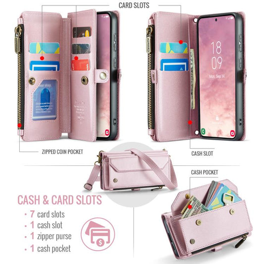 For Samsung Galaxy S25 5G CaseMe C36 Card Slots Zipper Wallet RFID Anti-theft Leather Phone Case(Pink) by CaseMe