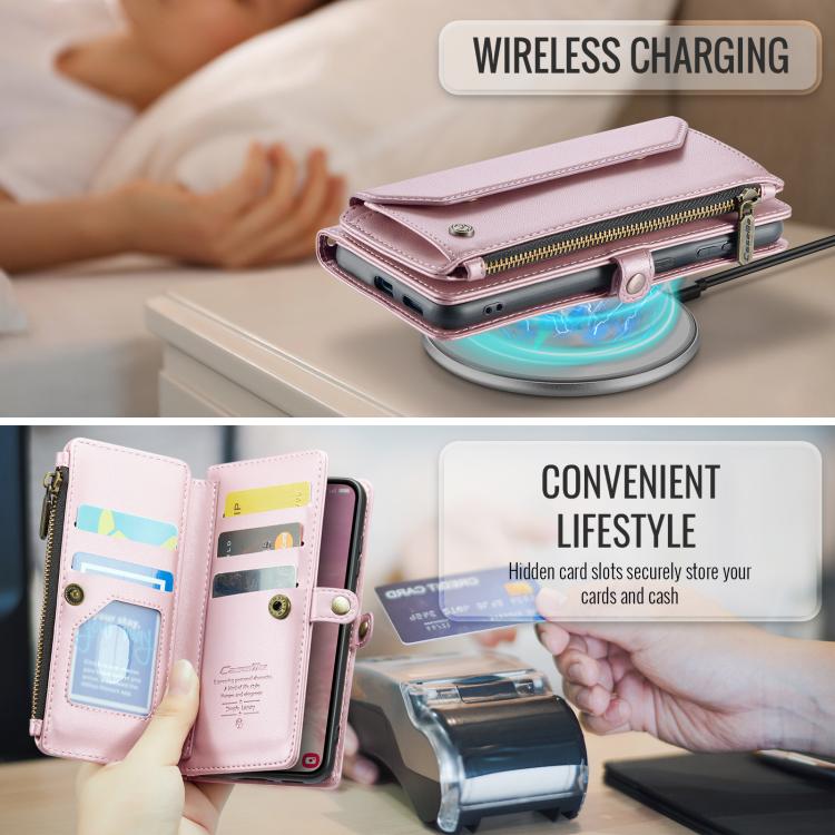 For Samsung Galaxy S25 5G CaseMe C36 Card Slots Zipper Wallet RFID Anti-theft Leather Phone Case(Pink) by CaseMe