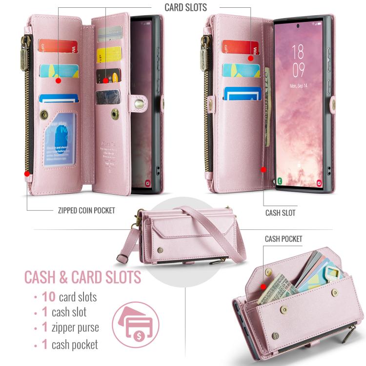 For Samsung Galaxy S25 Ultra 5G CaseMe C36 Card Slots Zipper Wallet RFID Anti-theft Leather Phone Case(Pink) by CaseMe