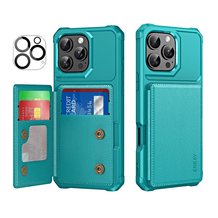 For iPhone 16 Pro ENKAY Hat-Prince Card Slot Wallet TPU Back Leather Phone Case with Lens Film(Cyan) by ENKAY