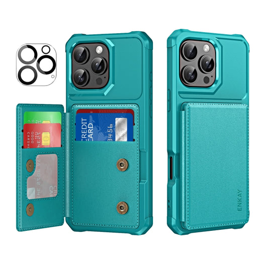 For iPhone 16 Pro ENKAY Hat-Prince Card Slot Wallet TPU Back Leather Phone Case with Lens Film(Cyan) by ENKAY