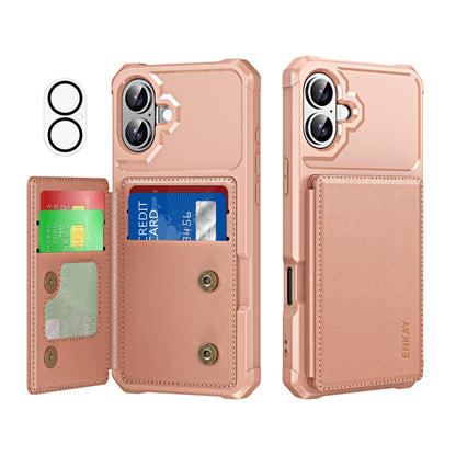 For iPhone 16 Plus ENKAY Hat-Prince Card Slot Wallet TPU Back Leather Phone Case with Lens Film(Rose Gold) by ENKAY