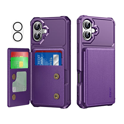 For iPhone 16 Plus ENKAY Hat-Prince Card Slot Wallet TPU Back Leather Phone Case with Lens Film(Purple) by ENKAY