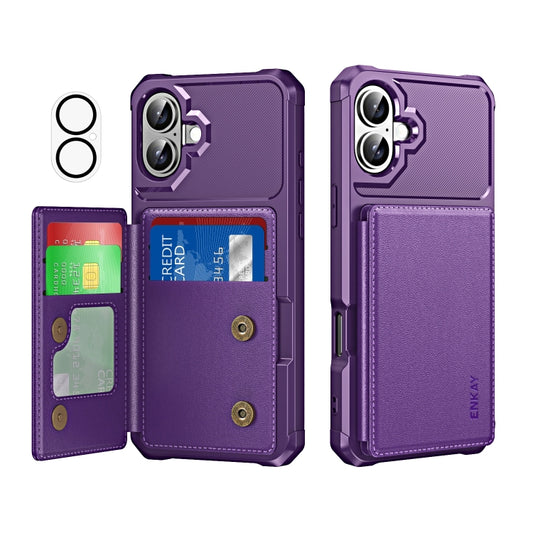 For iPhone 16 ENKAY Hat-Prince Card Slot Wallet TPU Back Leather Phone Case with Lens Film(Purple) by ENKAY