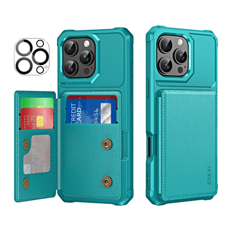 For iPhone 15 Pro Max ENKAY Hat-Prince Card Slot Wallet TPU Back Leather Phone Case with Lens Film(Cyan) by ENKAY