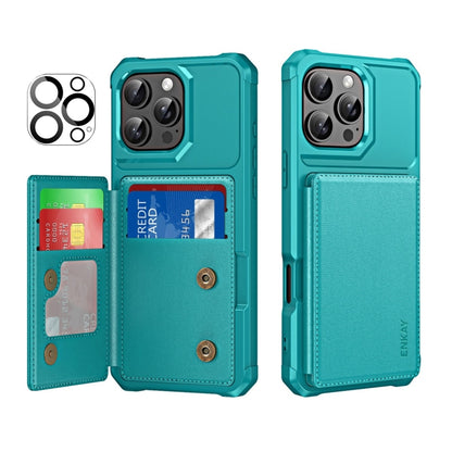 For iPhone 15 Pro Max ENKAY Hat-Prince Card Slot Wallet TPU Back Leather Phone Case with Lens Film(Cyan) by ENKAY