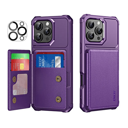 For iPhone 15 Pro ENKAY Hat-Prince Card Slot Wallet TPU Back Leather Phone Case with Lens Film(Purple) by ENKAY