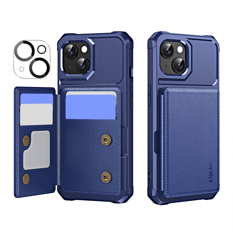For iPhone 15 ENKAY Hat-Prince Card Slot Wallet TPU Back Leather Phone Case with Lens Film(Dark Blue) by ENKAY