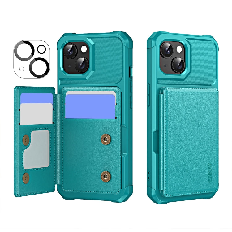 For iPhone 14 ENKAY Hat-Prince Card Slot Wallet TPU Back Leather Phone Case with Lens Film(Cyan) by ENKAY