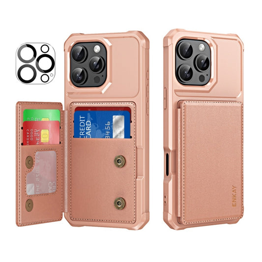 For iPhone 14 Pro Max ENKAY Hat-Prince Card Slot Wallet TPU Back Leather Phone Case with Lens Film(Rose Gold) by ENKAY