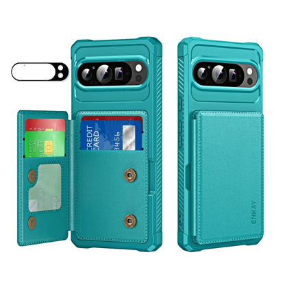 For Google Pixel 9 Pro XL ENKAY Hat-Prince Card Slot Wallet TPU Back Leather Phone Case with Lens Film(Cyan) by ENKAY
