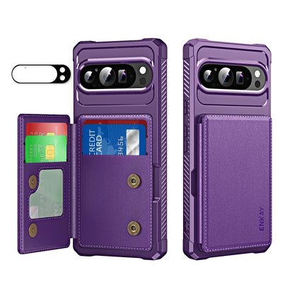 For Google Pixel 9 Pro XL ENKAY Hat-Prince Card Slot Wallet TPU Back Leather Phone Case with Lens Film(Purple) by ENKAY