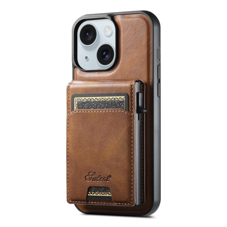 For iPhone 15 Plus Suteni H19 Oil Wax 2-in-1 MagSafe Removable Card Box Back Phone Case(Brown) by Suteni