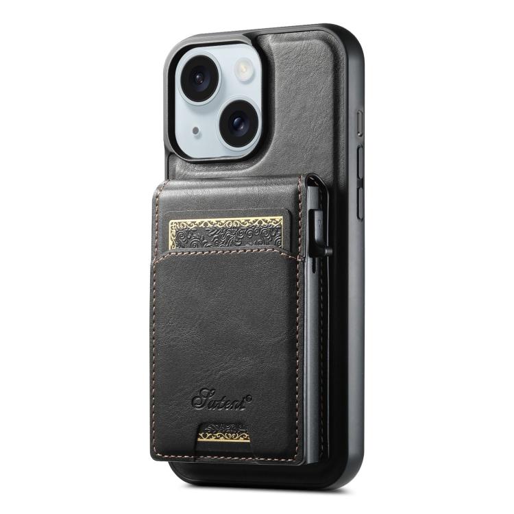 For iPhone 15 Suteni H19 Oil Wax 2-in-1 MagSafe Removable Card Box Back Phone Case(Black) by Suteni