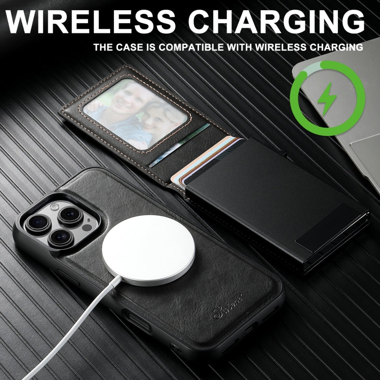 For iPhone 15 Suteni H19 Oil Wax 2-in-1 MagSafe Removable Card Box Back Phone Case(Black) by Suteni