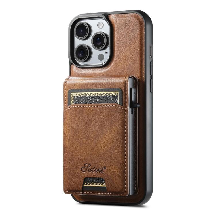 For iPhone 14 Pro Max Suteni H19 Oil Wax 2-in-1 MagSafe Removable Card Box Back Phone Case(Brown) by Suteni