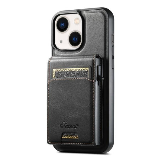 For iPhone 14 Plus Suteni H19 Oil Wax 2-in-1 MagSafe Removable Card Box Back Phone Case(Black) by Suteni