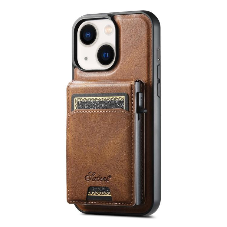 For iPhone 14 Plus Suteni H19 Oil Wax 2-in-1 MagSafe Removable Card Box Back Phone Case(Brown) by Suteni