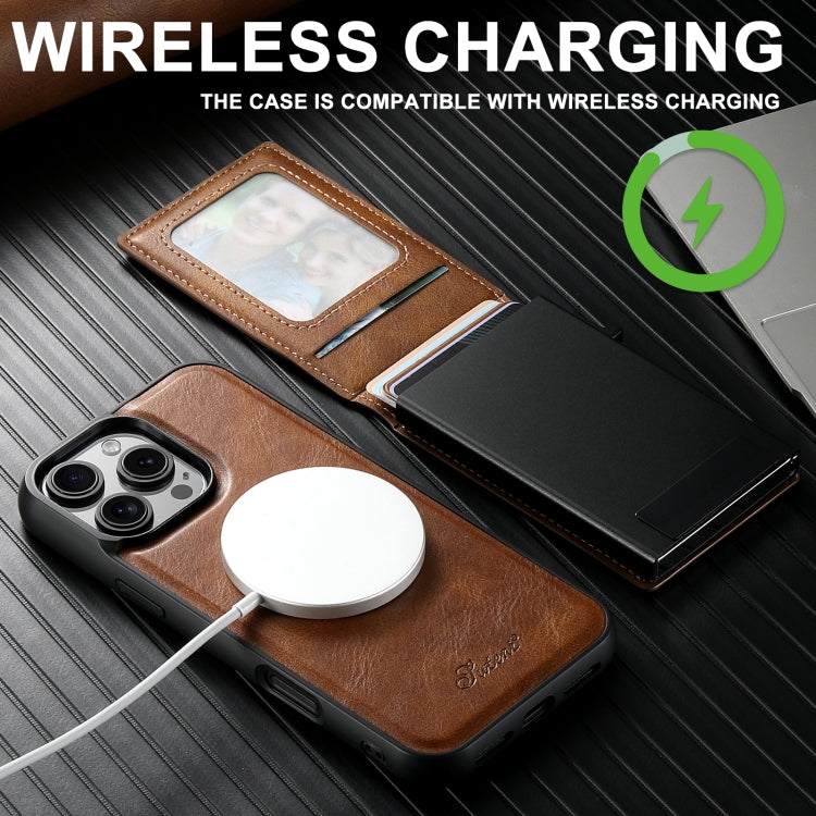 For iPhone 13 Suteni H19 Oil Wax 2-in-1 MagSafe Removable Card Box Back Phone Case(Brown) by Suteni
